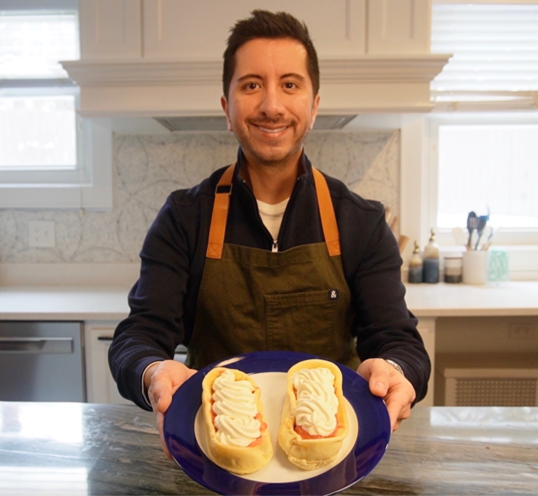 Homemade strawberry and whipped cream waffles